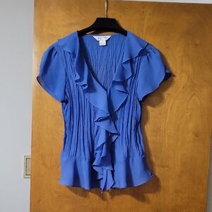 Allison Taylor Bluish Ruffled Cap Sleeve Blouse